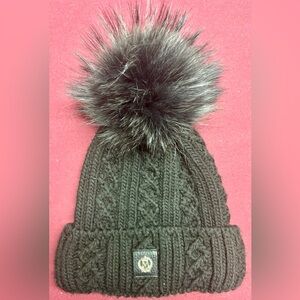Black Knit Beanie with Real Rabbit Fur Pom